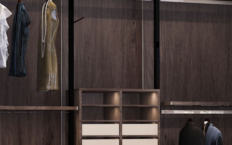 Design de guarda-roupa de porta aberta com cor de melamina de grão de madeira high-end